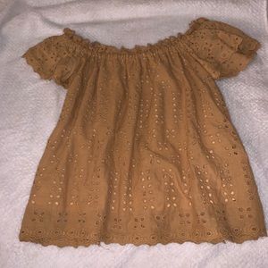 off the shoulder camel blouse